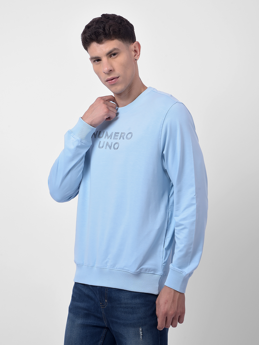 Numero Uno Men Sky Blue Round Neck Sweatshirt